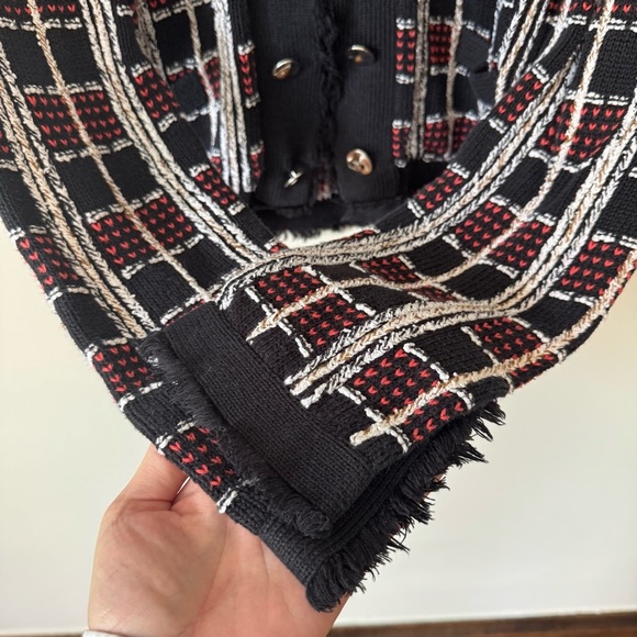 Milly Black Tweed Cardigan Red White Plaid Silver Buttons Size Medium - Picture 5 of 8